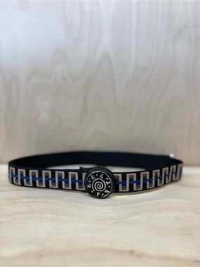 Men's Black Tribal Patterned Woven Belt with Decorative Twist Buckle